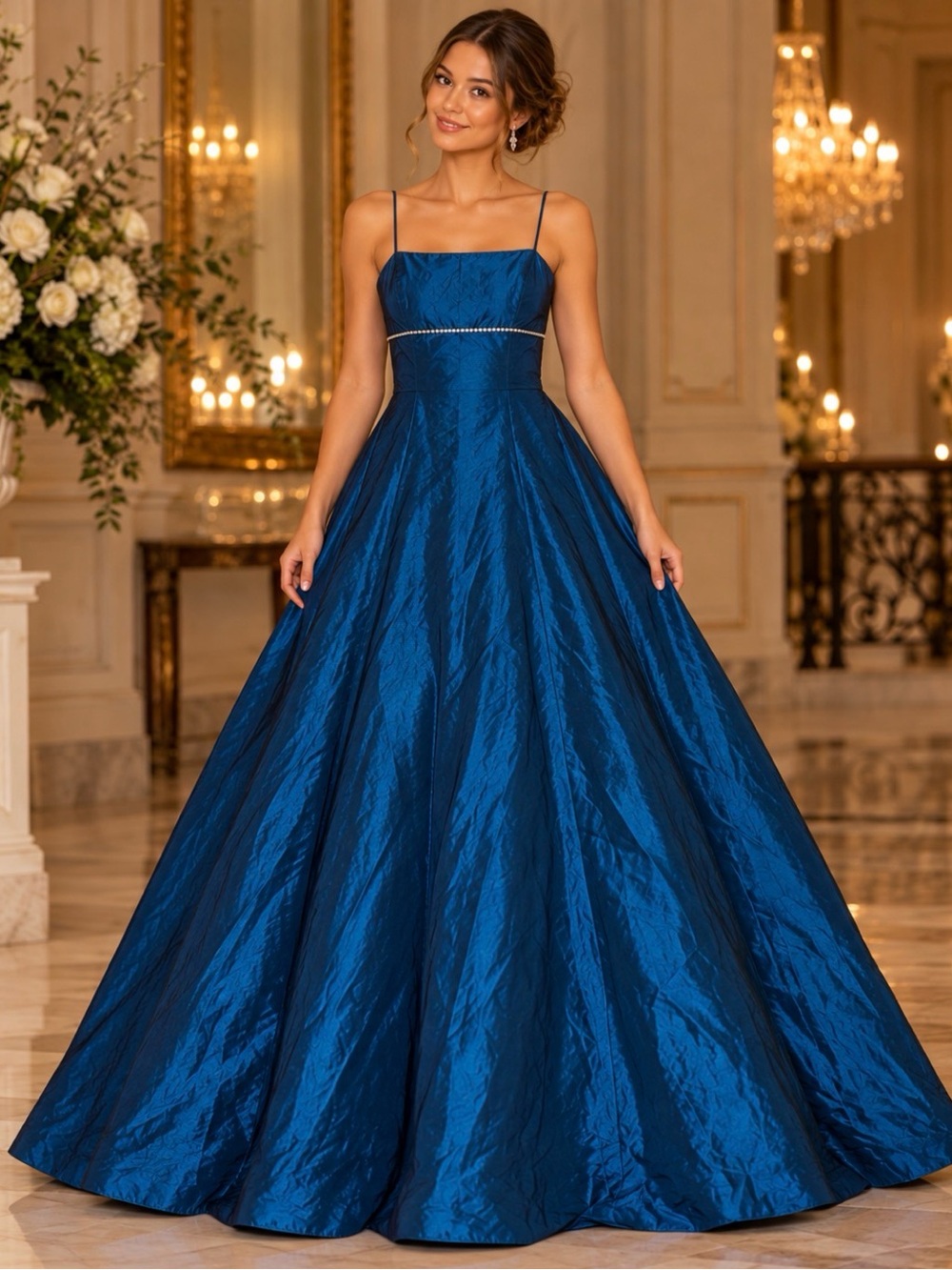 Elegant Blue Ball Gown Dress with Spaghetti Straps